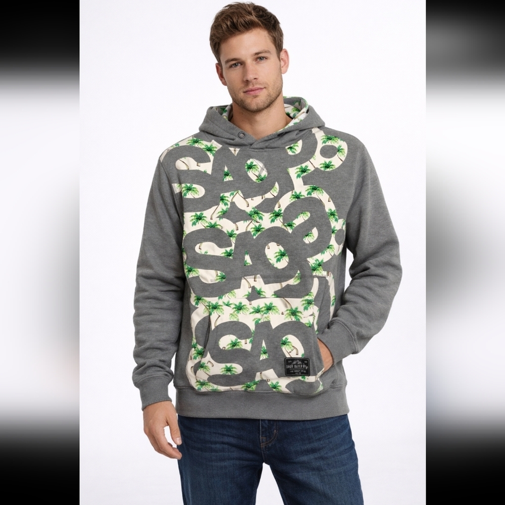 Saga Outerwear Snowboarding Hawaiian Palm Gray Hooded Sweatshirt Men's Small